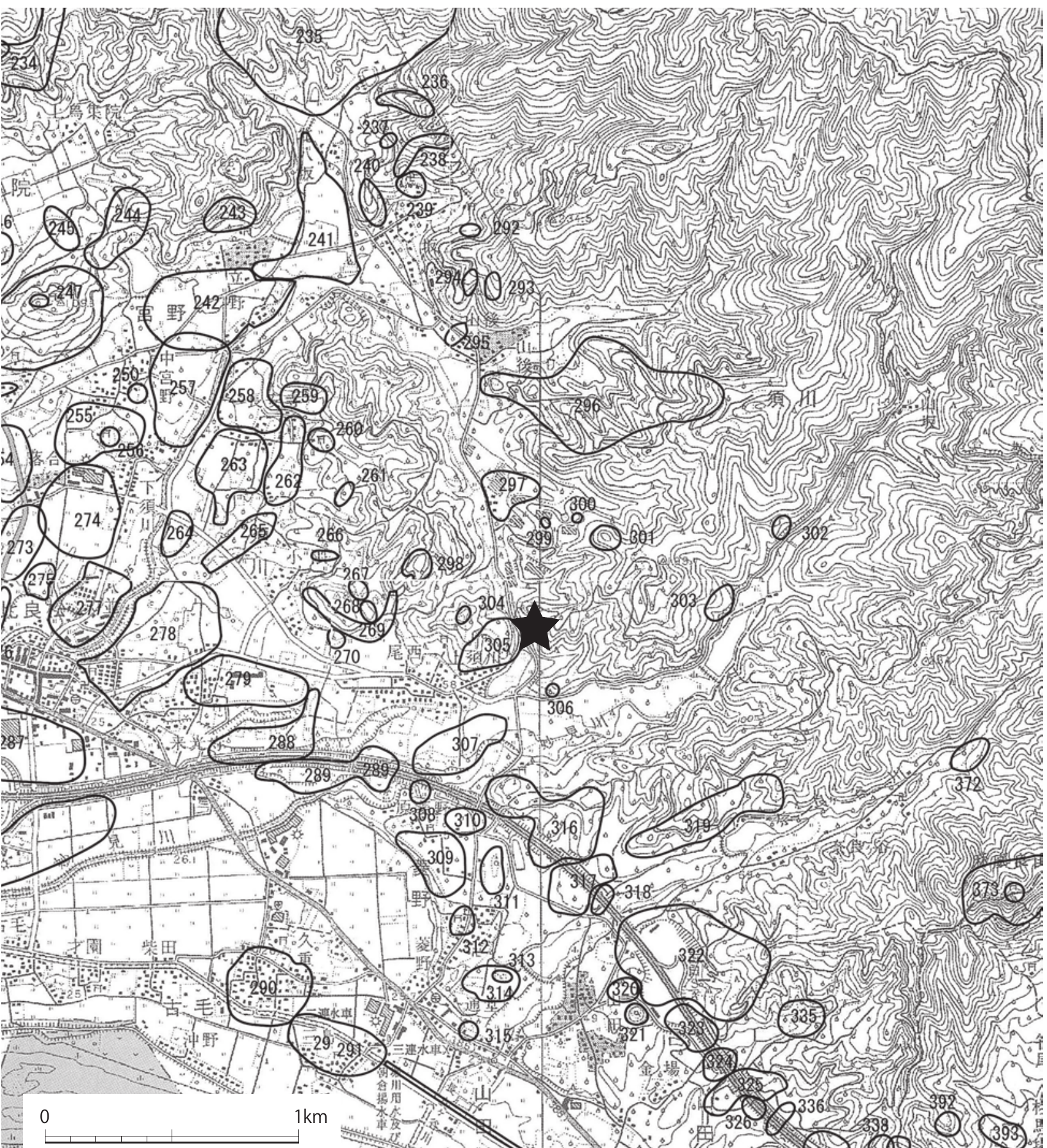 宮野・須川周辺の遺跡と現在の地形／『上須川古墳群』p.5。黒い星は上須川の調査地点