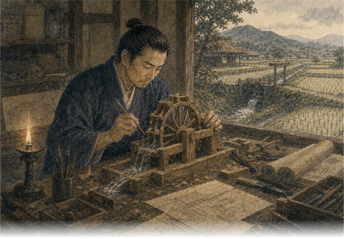 絵本『吉松家物語』「種熙の小型模型」のイラスト／模型づくりを描いた想像図。人物の姿や模型の構造を確定する資料ではありません